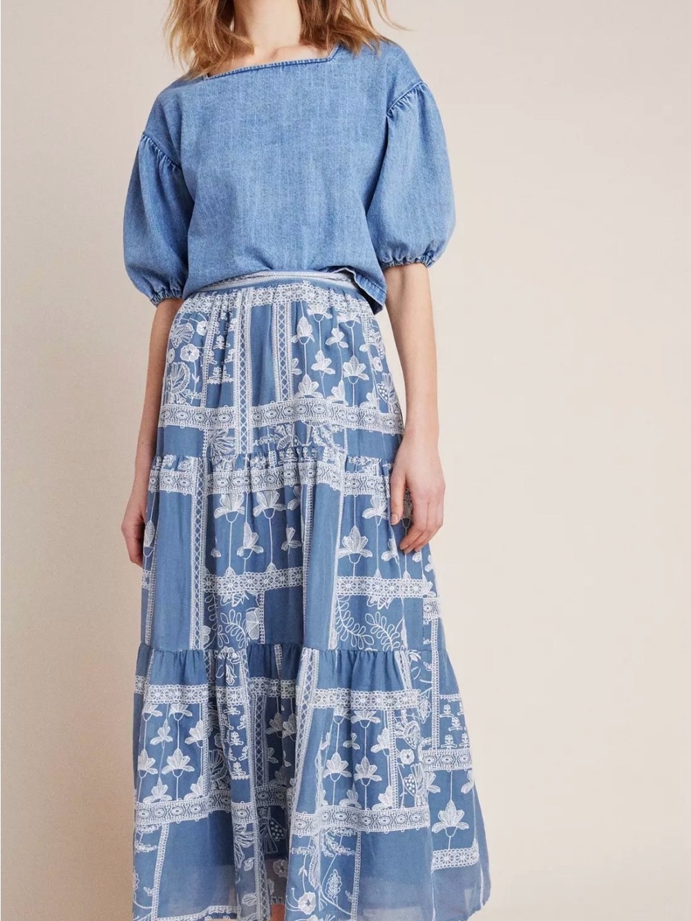 Maeve Anthropologi Blue Embroidered Tiered Maxi Skirt